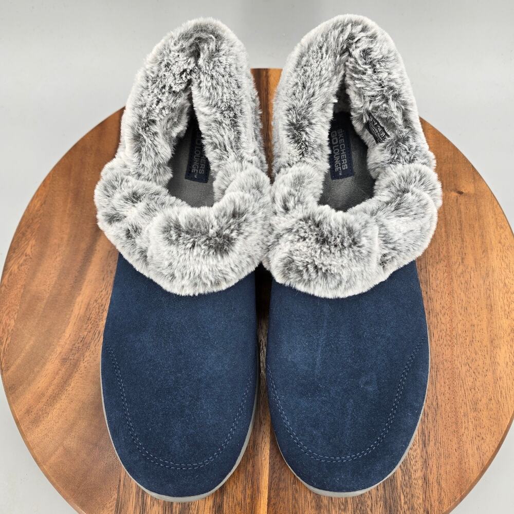 Skechers Go Walk Lounge Shoes Womens 10 Wide Navy Faux Fur Lined Comfort Shoes - Picture 5 of 8